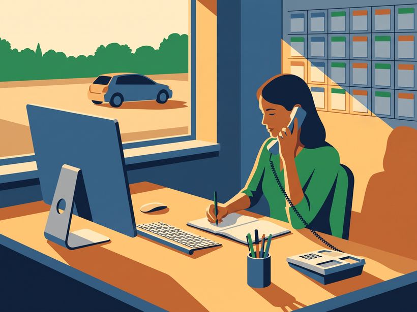 An illustration of somebody at the office desk taking a call.