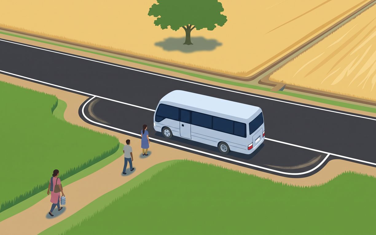 A white mini-bus pulled into a lay-by on a road between fields, seen from above, three people walking up the path to it.