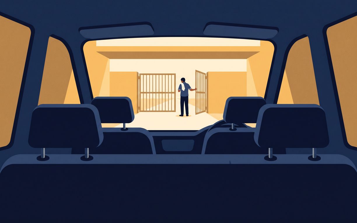 The inside of an empty seven seater from the rear bench, two rows of unoccupied seats and, through the windscreen, the driver folding the gate back to leave.
