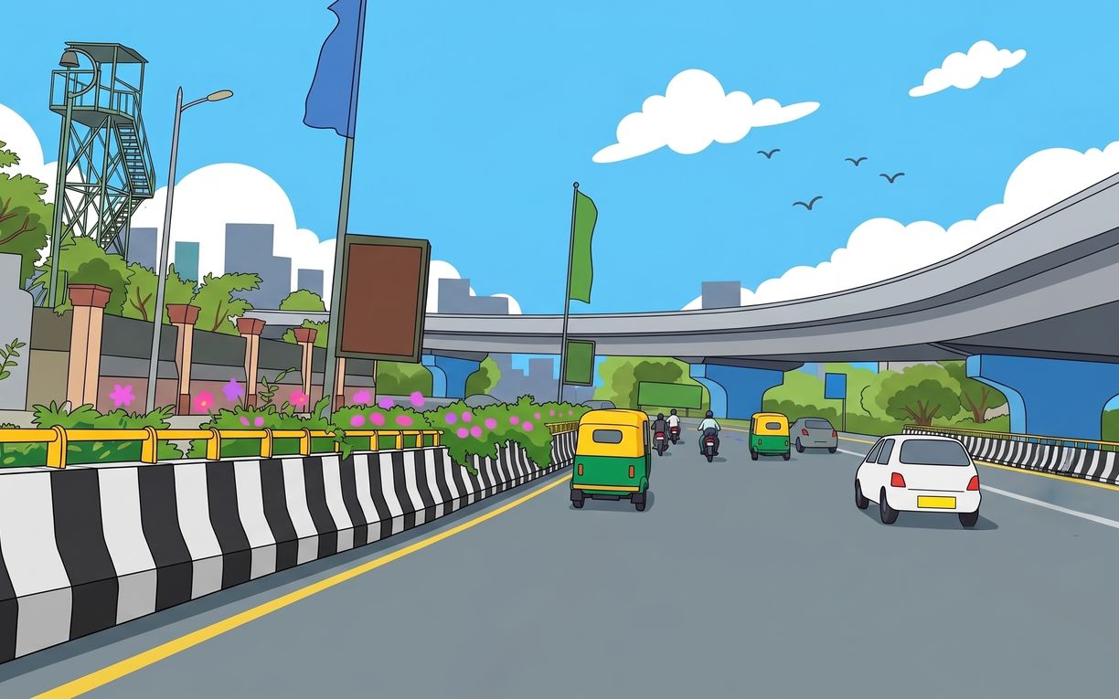 A city road running under a flyover, a car and an autorickshaw ahead in the near lane and the striped kerb barrier running away to the left.