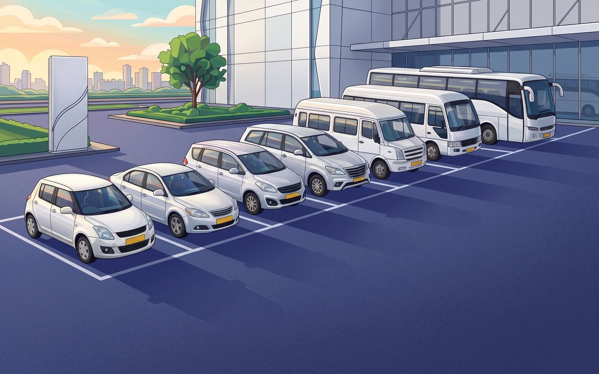 Seven vehicles standing in a rank and stepping up in size, a hatchback at the near end through to a coach at the far end, nobody in any of them.
