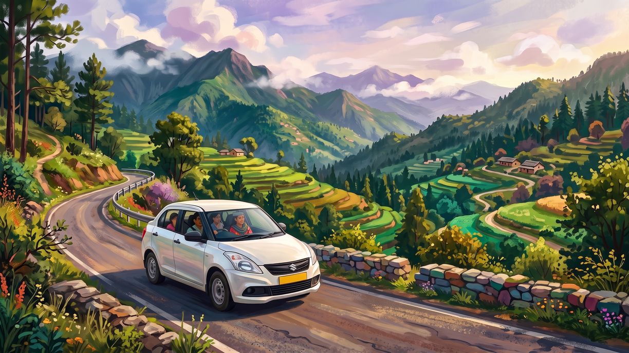 A white saloon with a family aboard on a hill road, terraced fields falling away below and the ranges going back in layers.