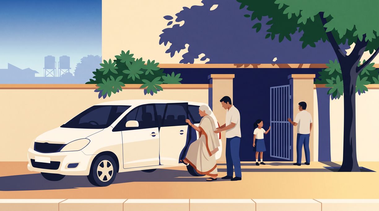 A family helping an older woman in at the gate of a house on a quiet lane