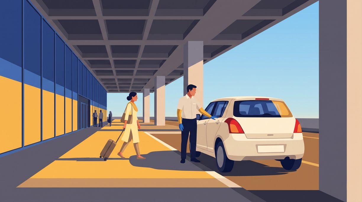 A chauffeur waiting with his hand on the car door under an airport terminal canopy as a traveller walks up with her case